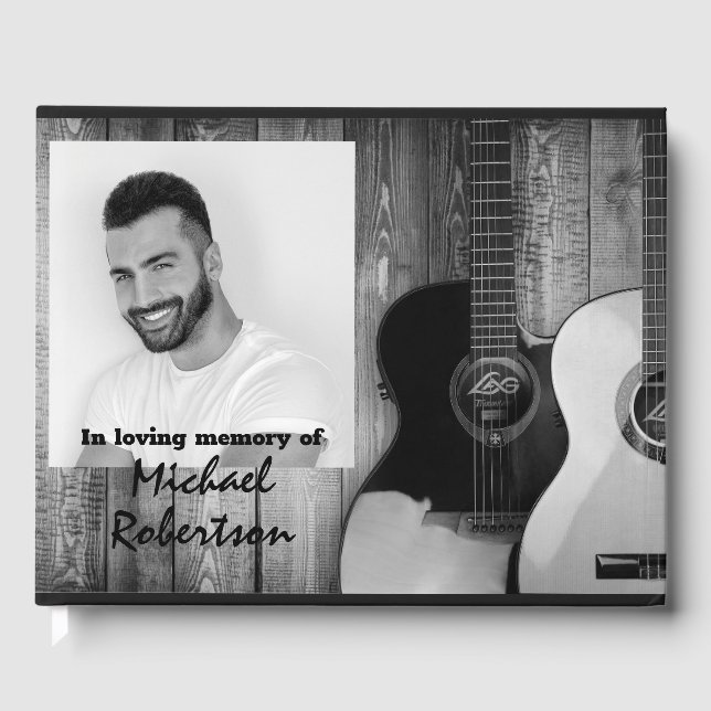 Memorial för svartvitt och vitt elektriskt gitarre gästböcker (Framsida)