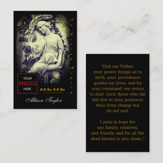 Memorial, fotopatsterkort med ängel visitkort (Fram/baksida)