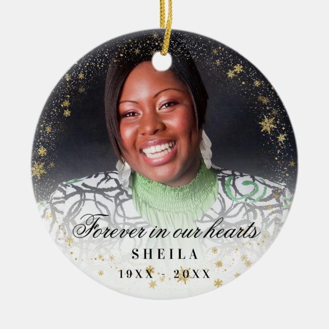 Memorial-fotot för alltid guld snö julgransprydnad keramik (Framsidan)