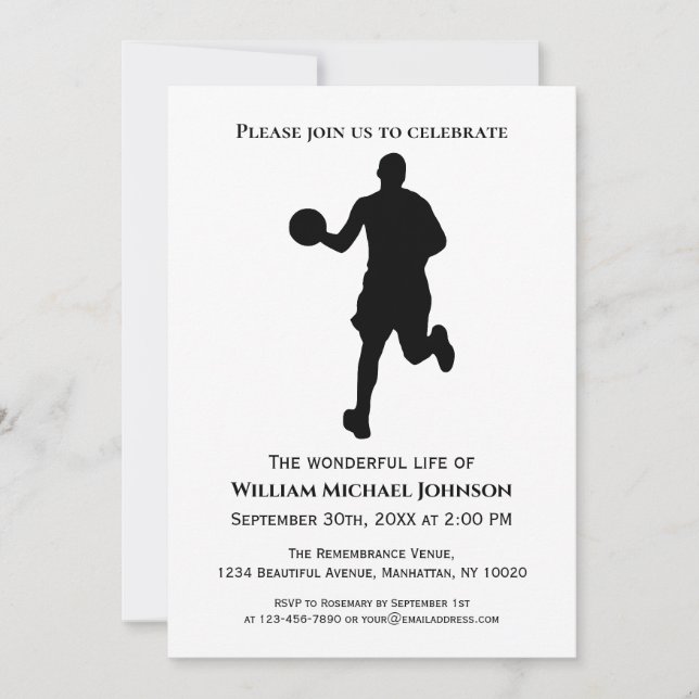 Memorial Funeral Black and White Basketball Player Inbjudningar (Framsida)