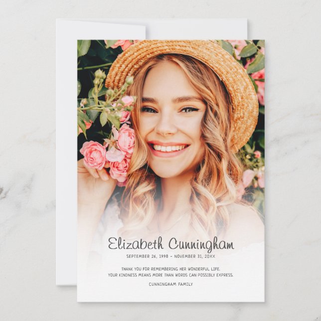 Memorial Funeral Modern Simple Cursive Photo Tack Kort (Framsida)