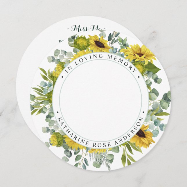 Memorial Funeral Prayer Card Solros Eucalyptus Julkort (Fram/baksida)