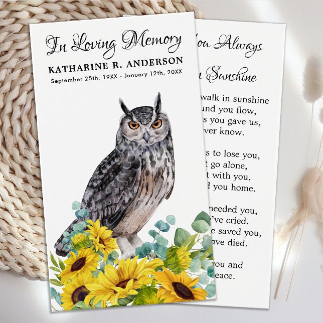 Memorial Funeral Prayer Card Uggla Sunblommor Visitkort (Skapare uppladdad)