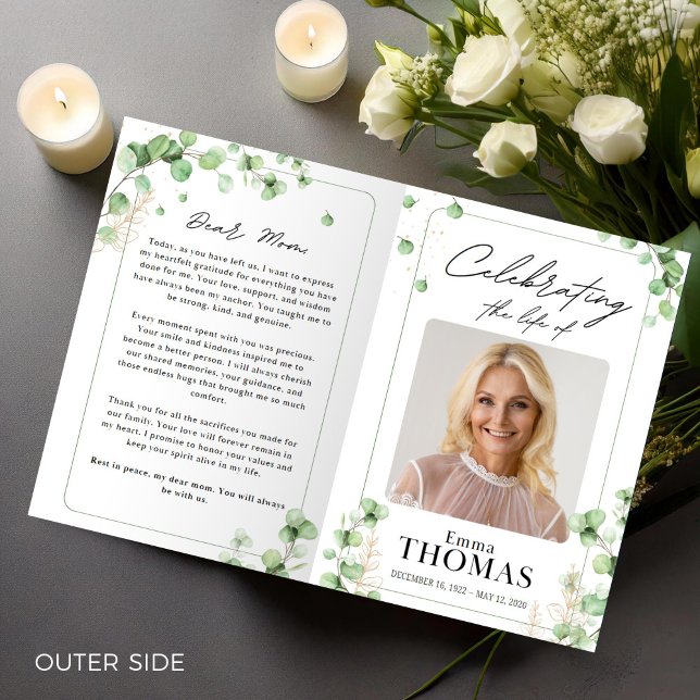 Memorial,Grönt serviceorder, fet begravning Program (Funeral Program,Funeral Memorial,Green Order of Service,Foto  Celebration of Life for Woman)