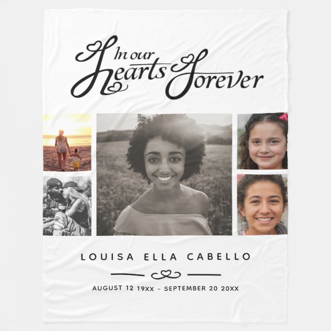 Memorial i hjärtan för alltid, svart text i foto v fleecefilt (Framsidan)