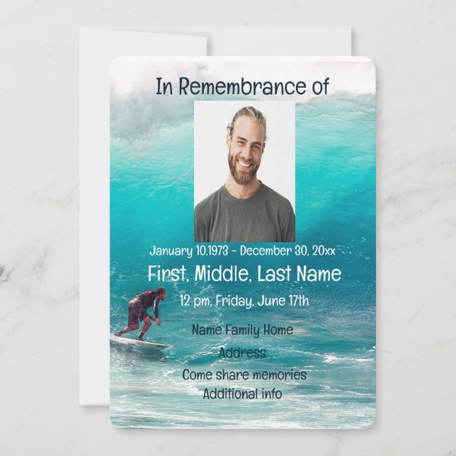 Memorial Inbjudan Service Wave Surfer Vatten (Framsida)