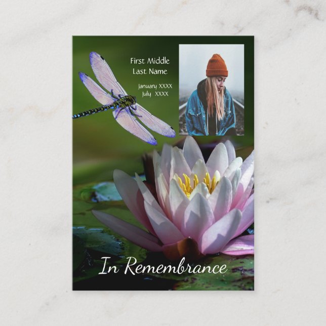 Memorial Keepsak Memorial Dragonfly Lotus Flower Visitkort (Framsida)