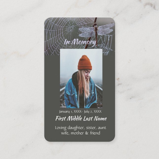 Memorial Keepsake  Card Dragonfly Dewdrops Visitkort (Framsida)