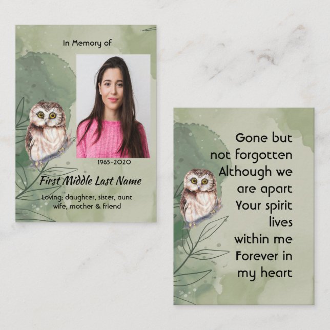 Memorial Keepsake Cute Owl Bird Visitkort (Fram/baksida)