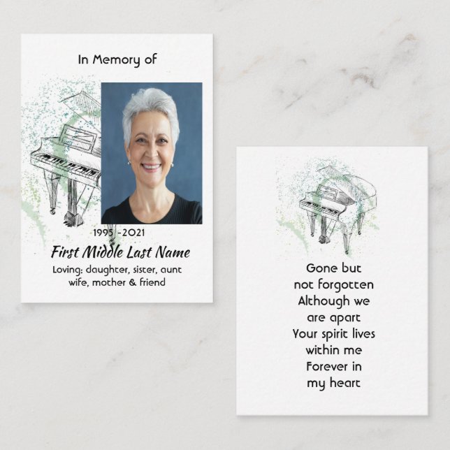 Memorial Keepsake Photo Prayer Piano Musician Visitkort (Fram/baksida)
