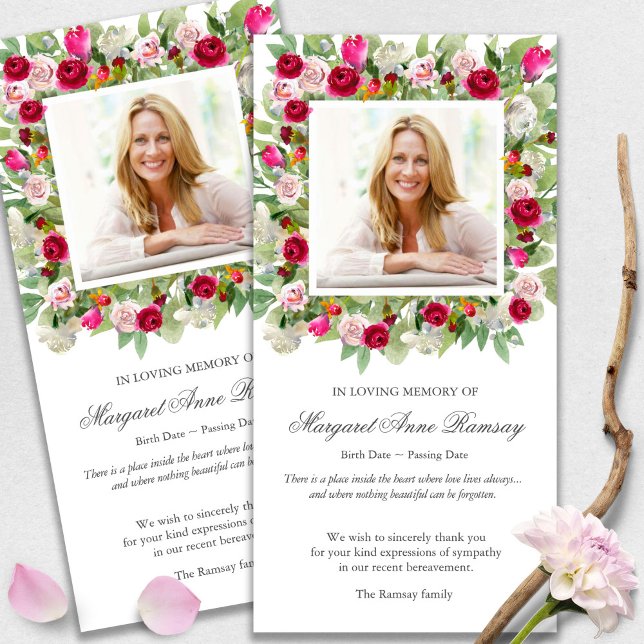 Memorial Loss Rosa Bouquet Funeral Tack Cards (funeral thank you cards, bereavement, elegant, simple, celebration of life, sympathy card)