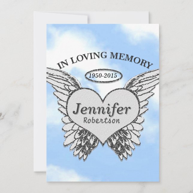 Memorial med Angel Vinge och Heart Inbjudningar (Baksida)