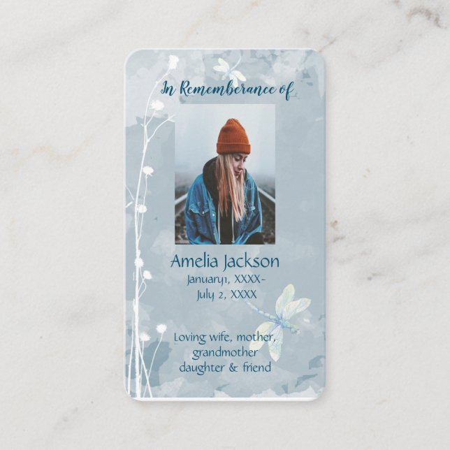 Memorial Memory Card Dragonfly White Flower Visitkort (Framsida)