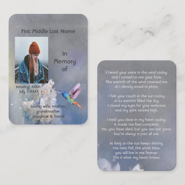 Memorial Memory Card Hummingbird White Flowers Visitkort (Fram/baksida)