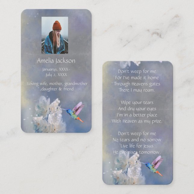 Memorial Memory Card Hummingbird White Flowers Visitkort (Fram/baksida)