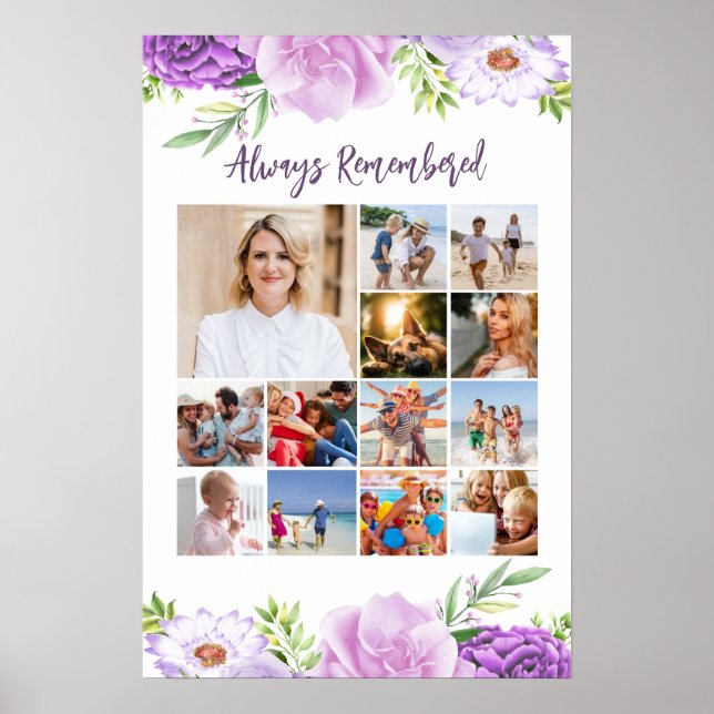 Memorial Photo Collage Lila Rosa Flowers Poster (Framsidan)