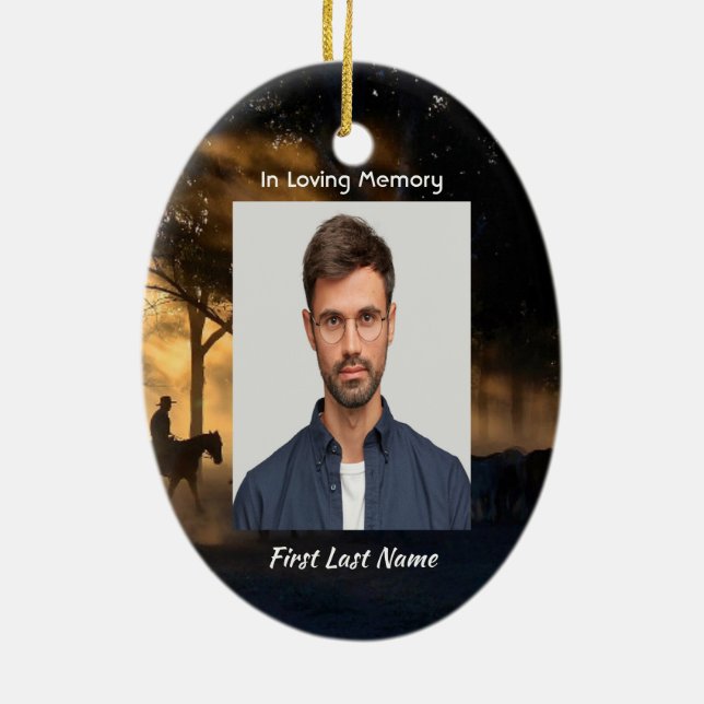 Memorial Photo Forest Trail Walk Horses Julgransprydnad Keramik (Baksidan)