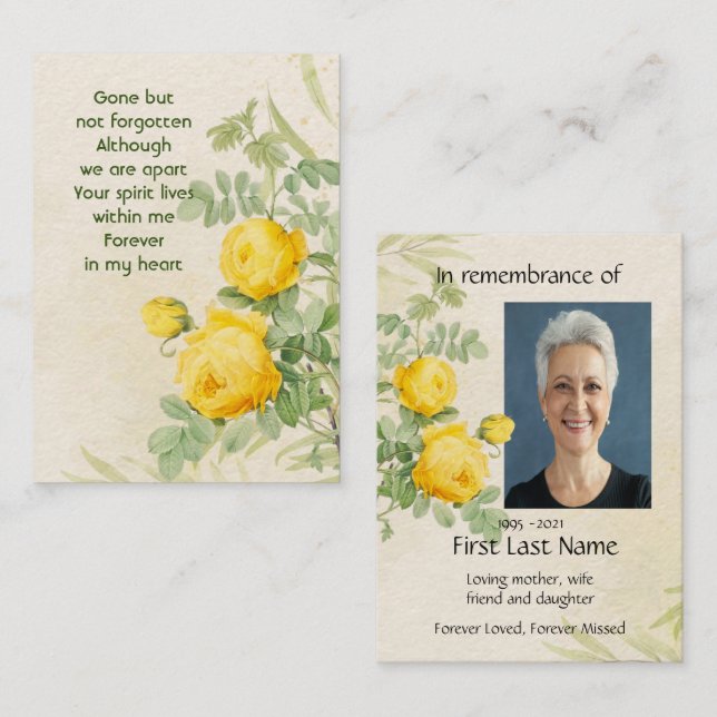Memorial Photo Gul ros Garden Flowers Visitkort (Fram/baksida)