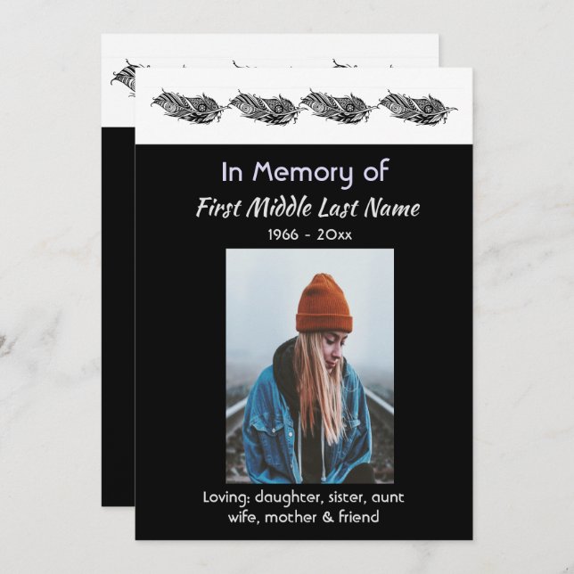 Memorial Photo Invite Graphic Art Feather Tribal Inbjudningar (Fram/baksida)