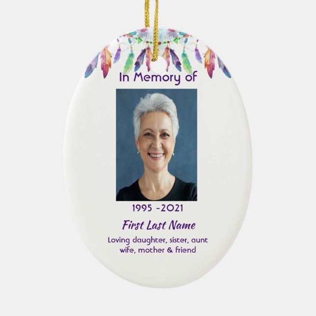 Memorial Photo Prayer Feathers Boho Tribal Native Julgransprydnad Keramik (Baksidan)