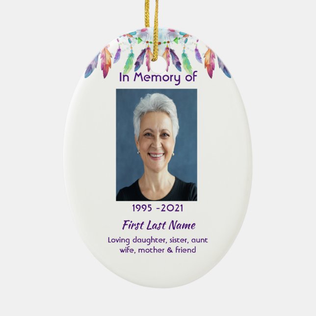 Memorial Photo Prayer Feathers Boho Tribal Native Julgransprydnad Keramik (Baksidan)