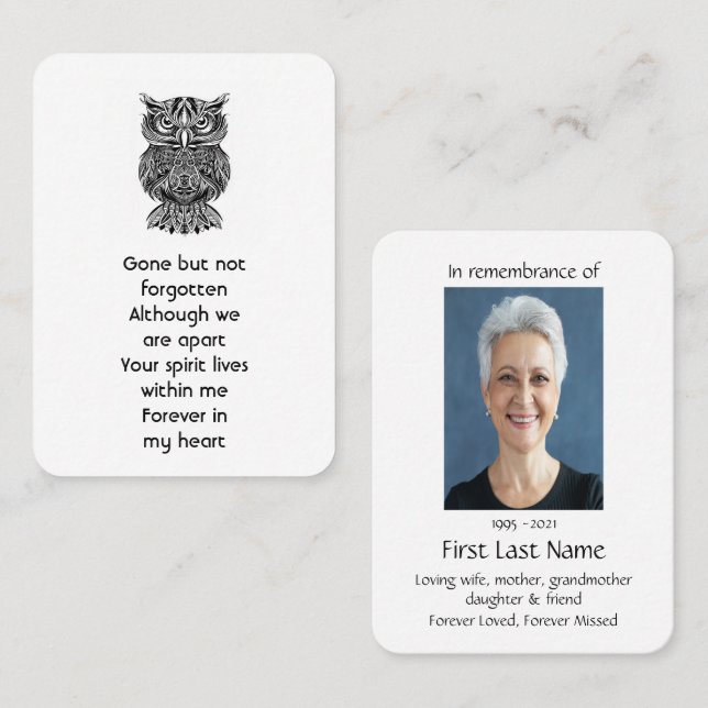 Memorial Photo Prayer Graphic Art Uggla Bird Visitkort (Fram/baksida)