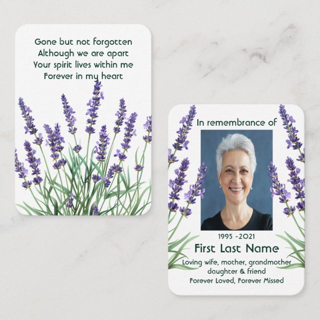 Memorial Photo Prayer Lavender Garden Flower Flora Visitkort (Fram/baksida)