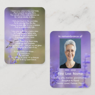 Memorial Photo Prayer Lavender Hummingbird Garden Visitkort
