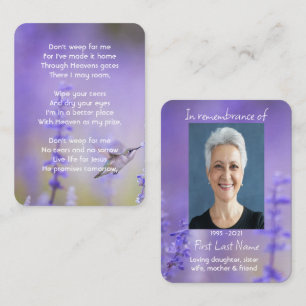 Memorial Photo Prayer Lavender Hummingbird Garden Visitkort