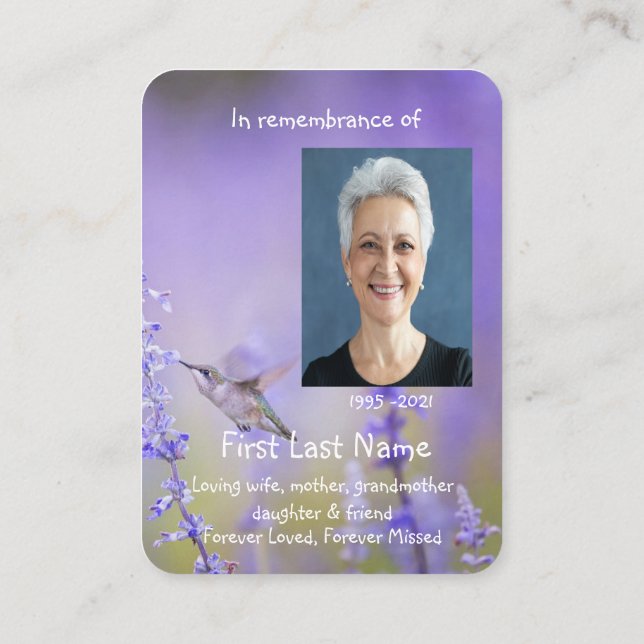 Memorial Photo Prayer Lavender Hummingbird Garden Visitkort (Baksida)