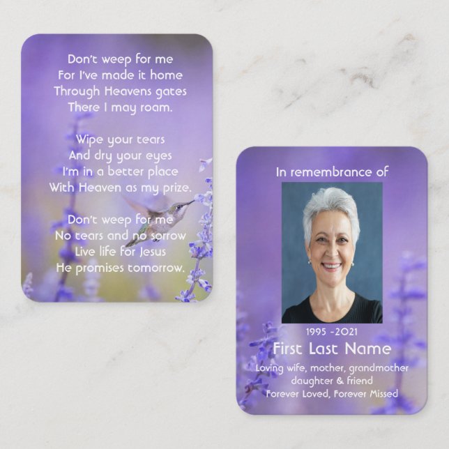 Memorial Photo Prayer Lavender Hummingbird Garden Visitkort (Fram/baksida)