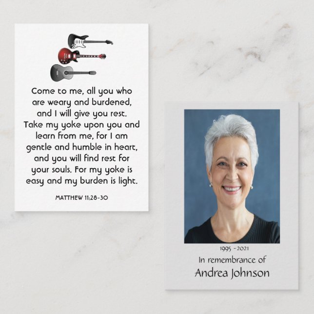 Memorial Photo Prayer Musician Guitar Music Visitkort (Fram/baksida)