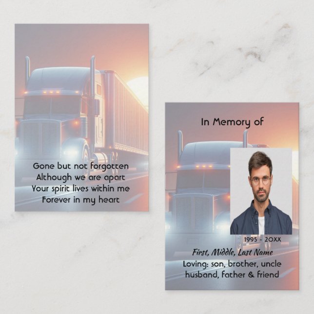 Memorial Photo Prayer Semi-Truck Tractor-trailer  Visitkort (Fram/baksida)