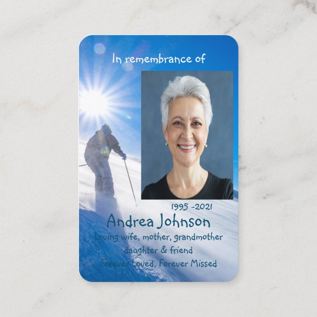 Memorial Photo Prayer Skiing Skier Ski Mountain Visitkort (Baksida)