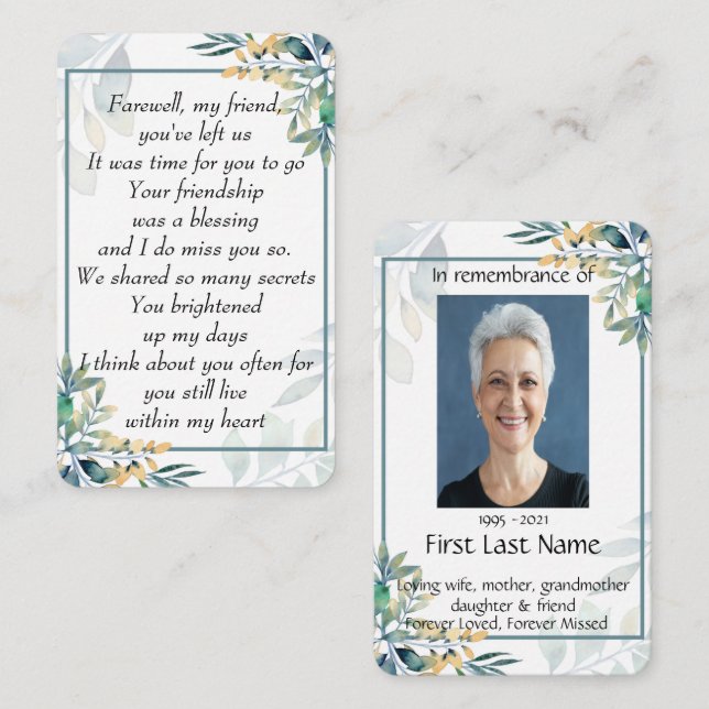 Memorial Photo Prayer Teal Farewell My Friend  Visitkort (Fram/baksida)