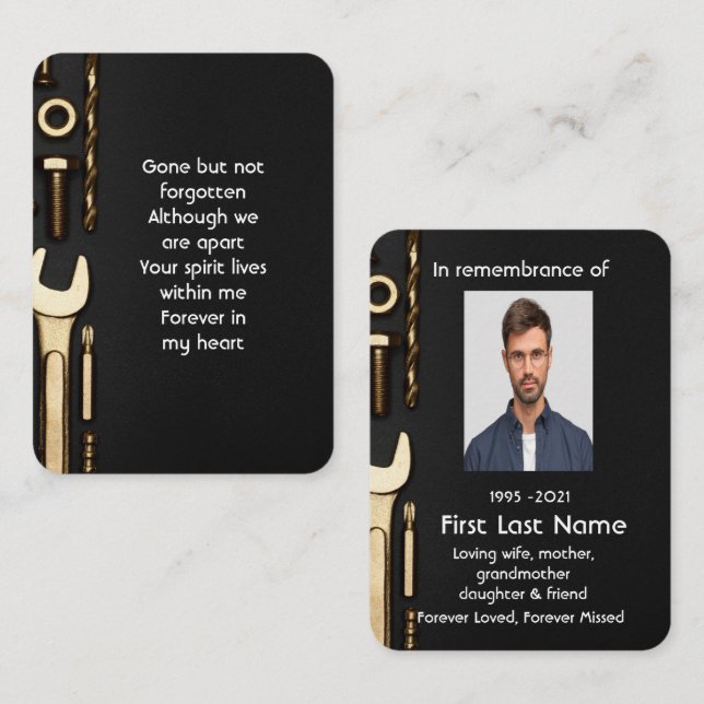 Memorial Photo Prayer Verktyg Mechanic Visitkort (Fram/baksida)