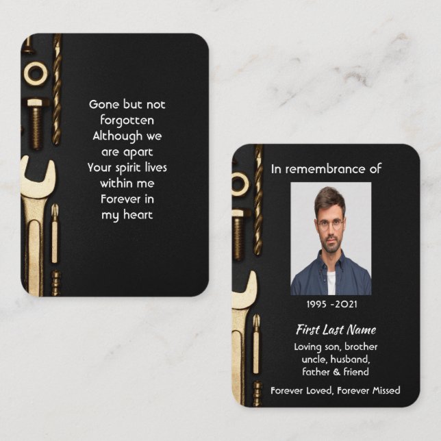 Memorial Photo Prayer Verktyg Mechanic Visitkort (Fram/baksida)
