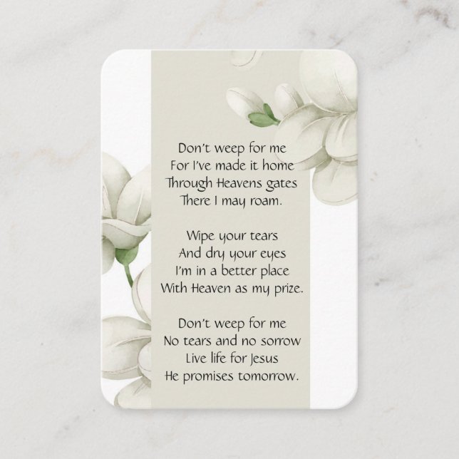 Memorial Photo Prayer White Flower Dikt Christian Visitkort (Framsida)