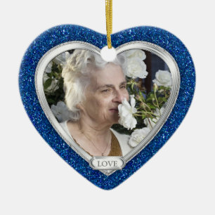 Memorial Photo Royal Blue Silver Heart jul Julgransprydnad Keramik