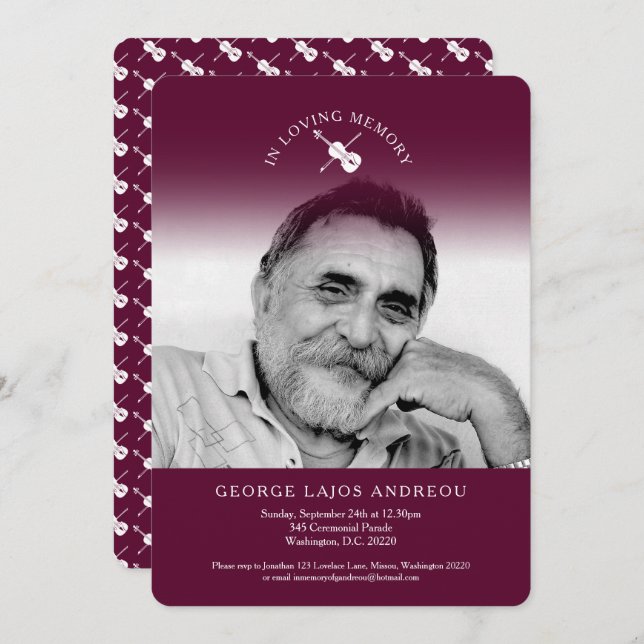 Memorial Photo violin orchestral begravning inbjud Inbjudningar (Fram/baksida)
