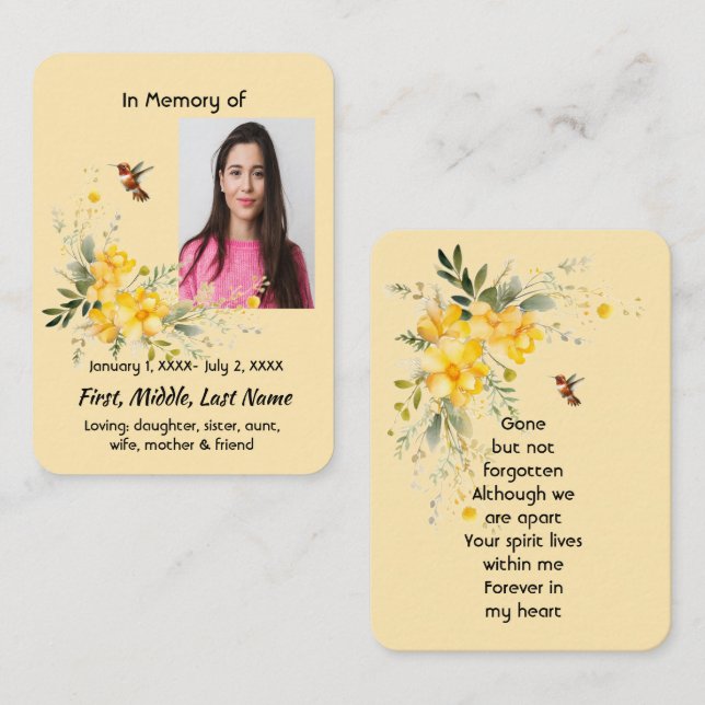 Memorial Pocket Card Hummingbird Gul ros Visitkort (Fram/baksida)