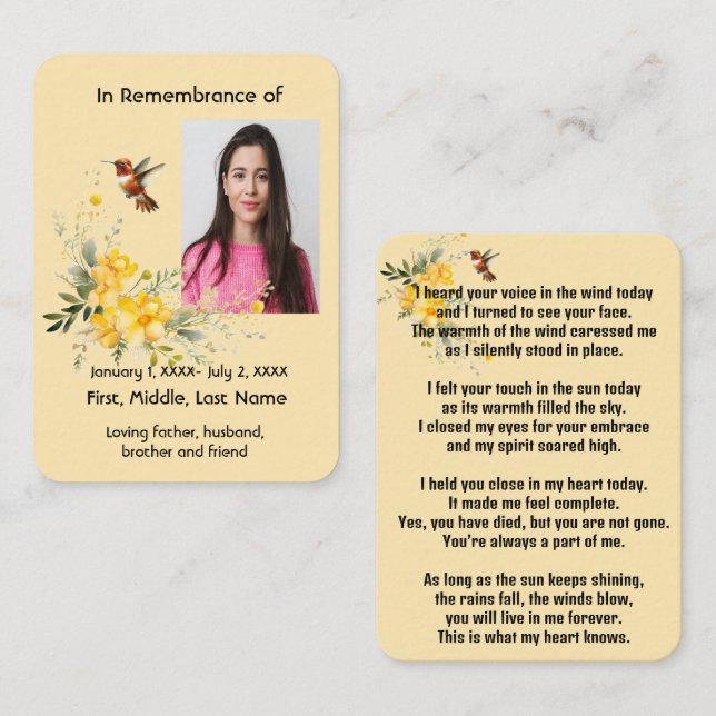 Memorial Pocket Card Hummingbird Gul ros Visitkort (Fram/baksida)