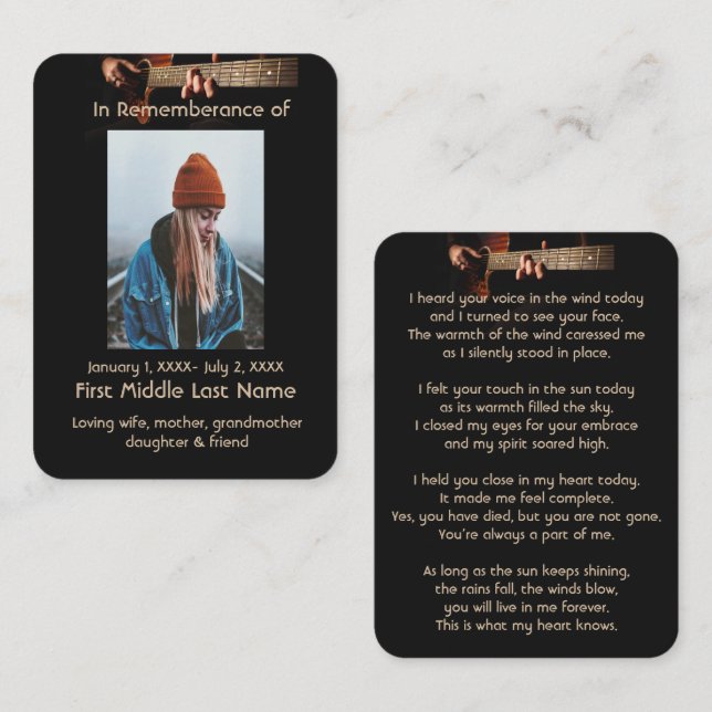 Memorial Pocket Keepsaké Guitar Music Visitkort (Fram/baksida)