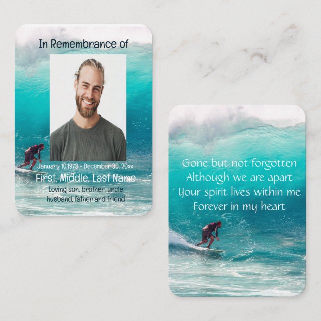 Memorial Pocket Keepsaké Wave Surfer Vatten Visitkort (Fram/baksida)