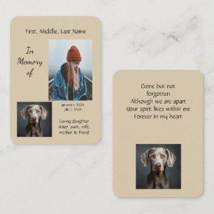 Memorial Pocket Keepsaké Weimaraner Hund Visitkort