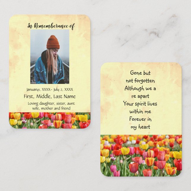 Memorial Pocket Keepsaktulips Garden Flowers Visitkort (Fram/baksida)