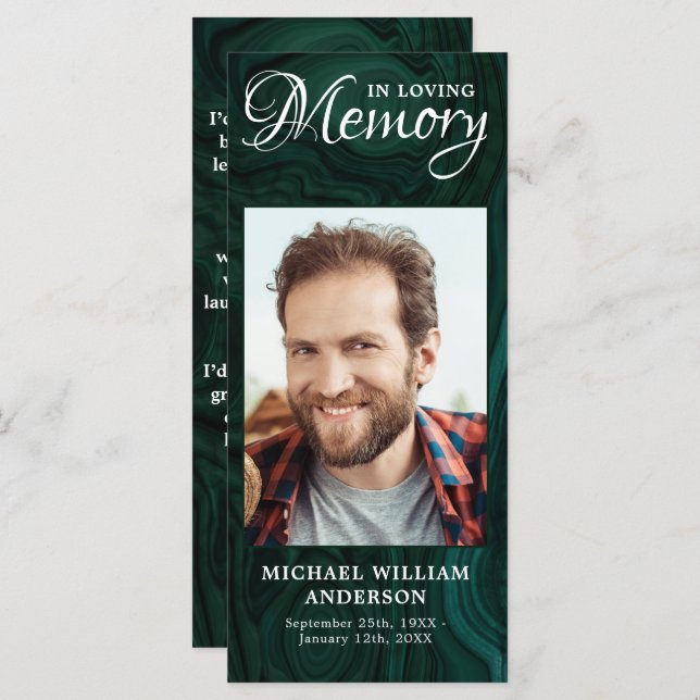 Memorial Prayer Card Emerald Grönt Funeral Photo Meny (Fram/baksida)