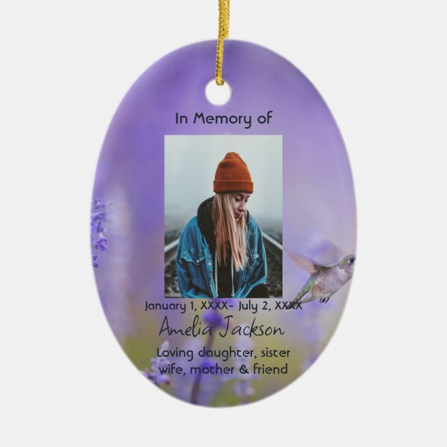 Memorial Prayer Card Hummingbird Lavender Flowers Julgransprydnad Keramik (Framsidan)
