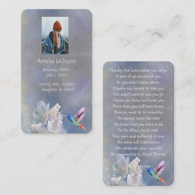 Memorial Prayer Card Hummingbird White Flowers Visitkort (Fram/baksida)