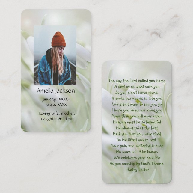 Memorial Prayer Card Snowdrops Garden Flowers Visitkort (Fram/baksida)